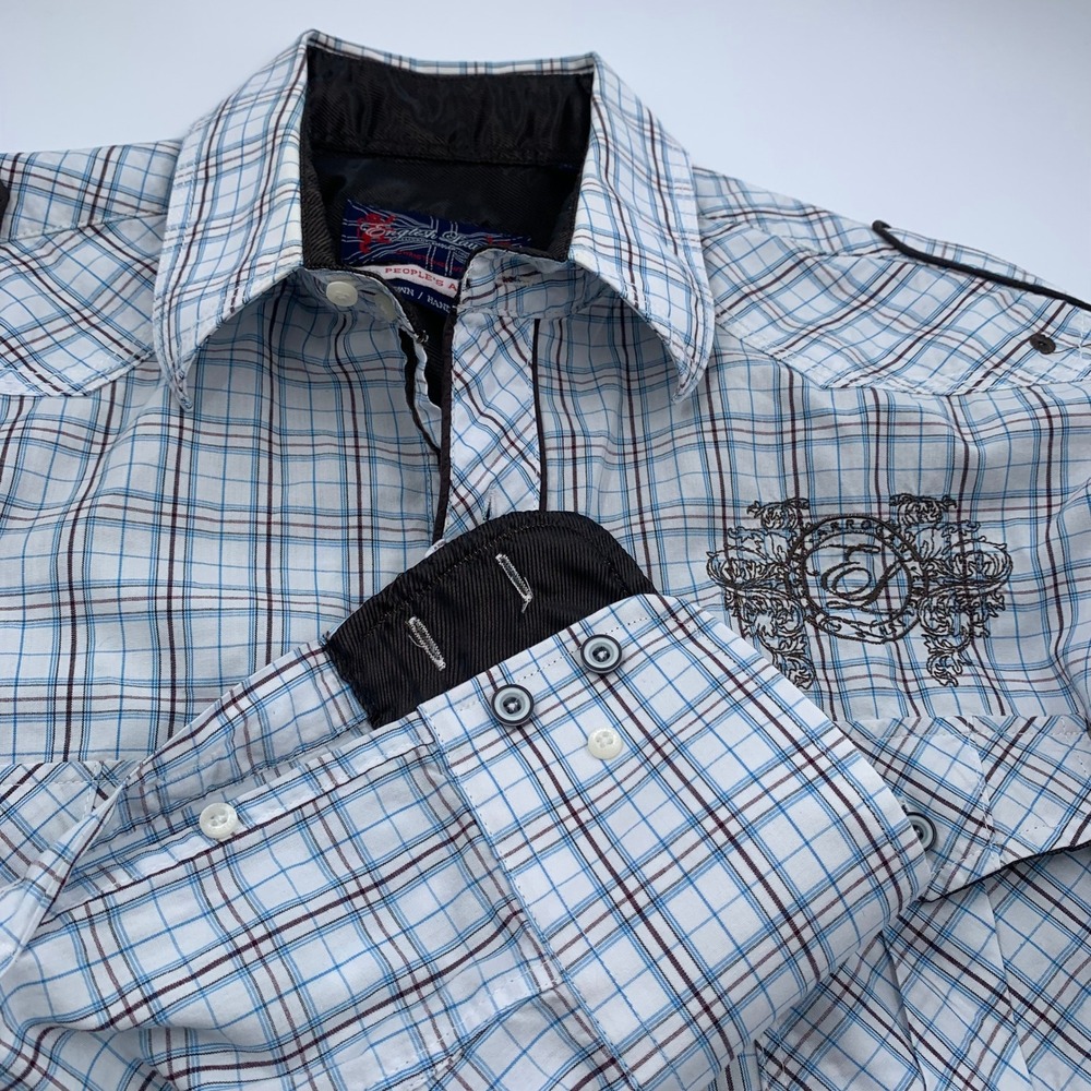 English Laundry Peoples Army Mens XL Plaid Button Up Shirt Embroidered Epaulets